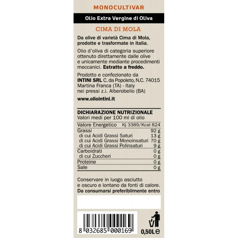 IntiniExtra Virgin Olive Oil Cima Di Mola 500ml - Image 2