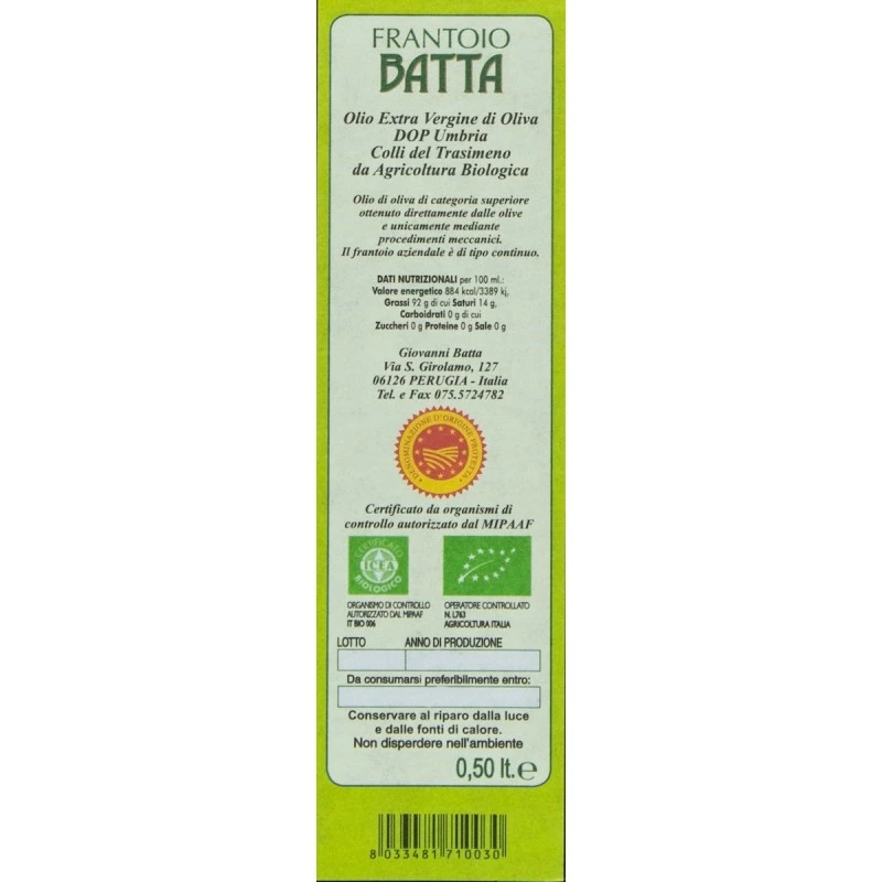 BattaExtra Virgin Olive Oil Organic DOP Umbria Colli Del Trasimeno 500ml - Image 2