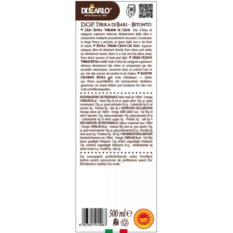 De CarloExtra Virgin Olive Oil PDO Tenuta Torre Di Mossa 500ml - Image 2
