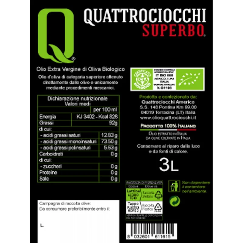 QuattrociocchiExtra Virgin Olive Oil Superbo Moraiolo Organic Can 3l - Image 2