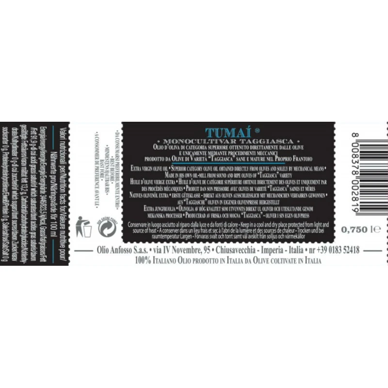 AnfossoExtra Virgin Olive Oil TUMAI Monocultivar Taggiasca 750ml - Image 2